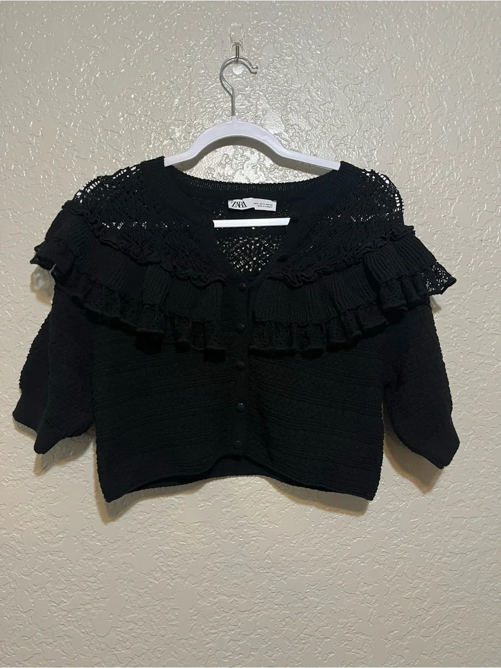 Zara Mixed Ruffle Knit Cardigan Top Black Size Small